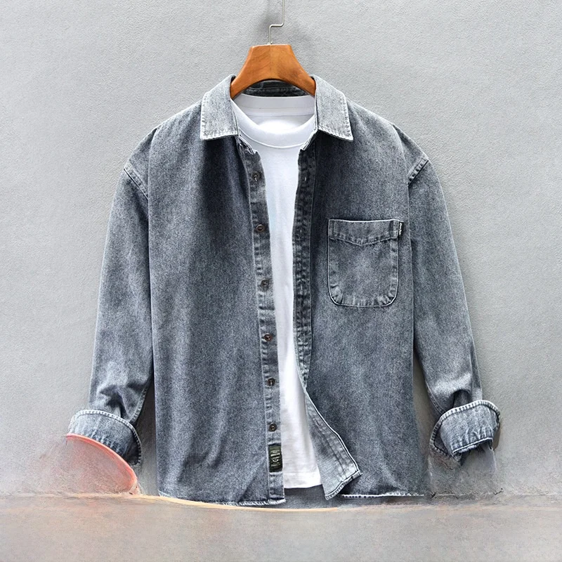 Retro American Washed Denim Jacket Loose Casual Long Sleeve Shirt for Men Autumn Fashion Urban Style Cotton Machine Washable