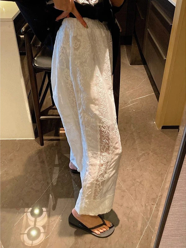 

Большие размеры 300 Pou Fat M Осенние повседневные длинные брюки с высокой талией и эластичной строчкой по бокам, на подкладке с кружевным поясом, женские прямые брюки...