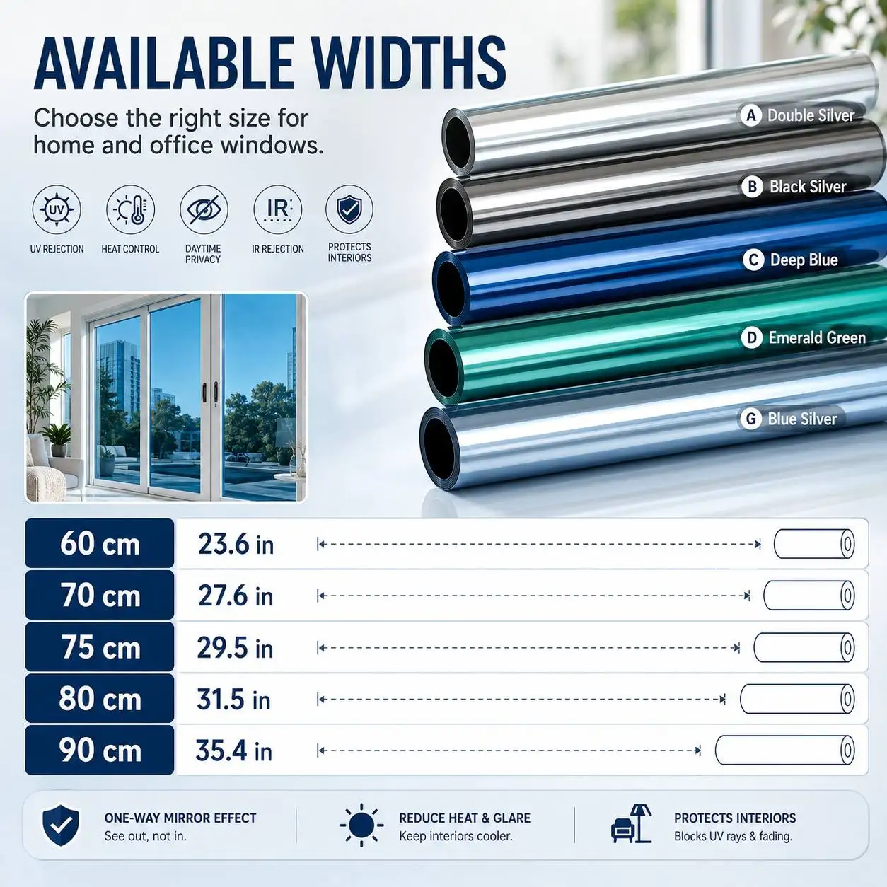 One Way Mirror Privacy Window Film Roll Static Cling Removable Heat Block UV Block for Home Car Office Door