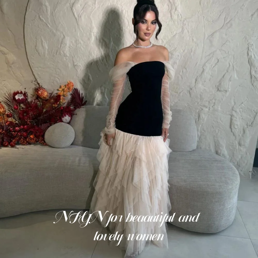 

NFYN A Line Special Occasion Dress Pleat Full Sleeve Prom Dress Off the Shoulder Tiered Evening Party Dress for Women Customized