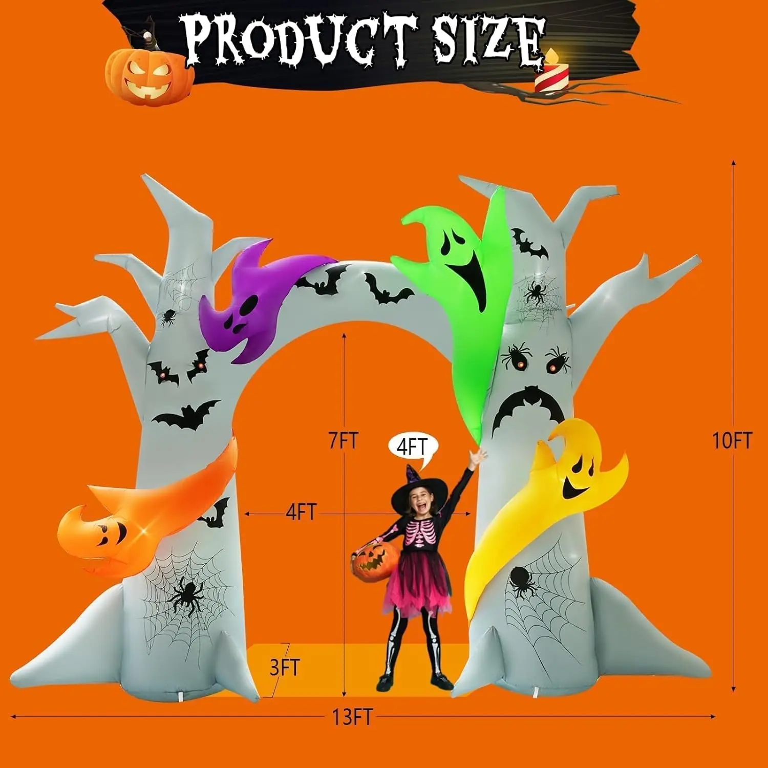 Halloween Inflatable Tree Arch 14FT X 10FT with 4 Colorful Ghosts Blow up Outdoor Holiday Decorations Home Garden