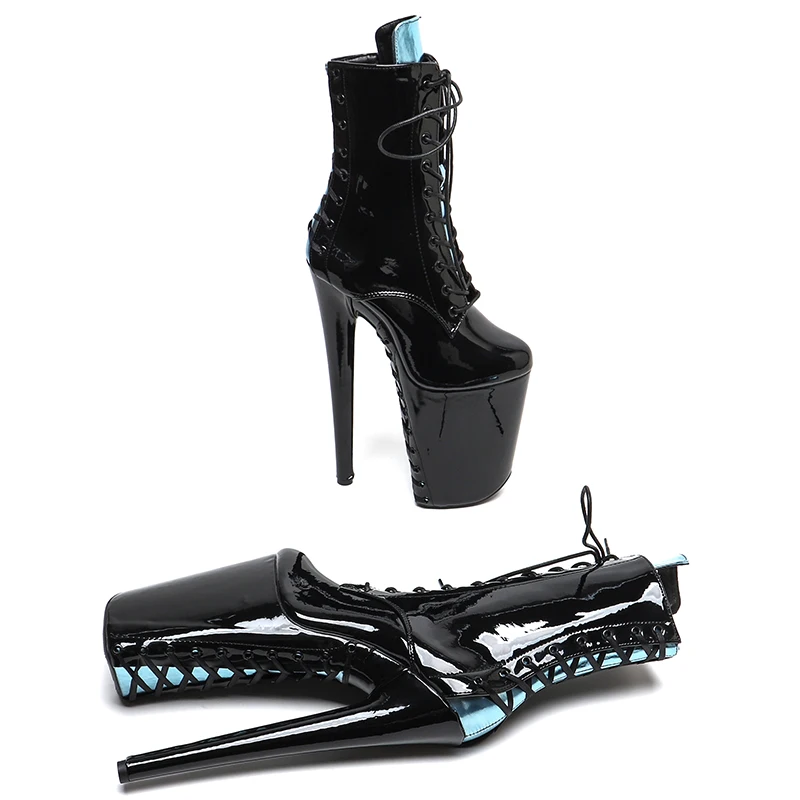 Leecabe 23CM/9inches Patent PU-bovenwerk Trendmode Hoge hakken Platform stripper hak enkel Paaldanslaarzen