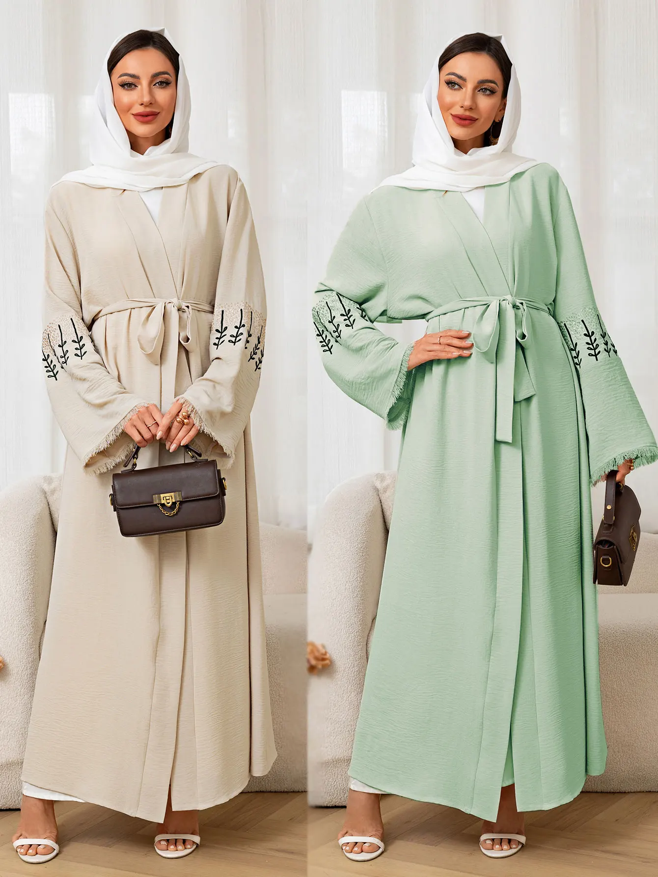 

Chic Light Green Islamic Abaya with Black - Embroidered Sleeves: Suits Modest Fashion in Middle East Daily and Festive Occasions
