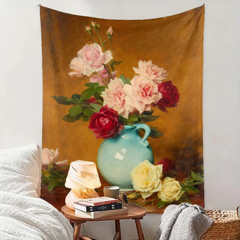 1PC Rose Vase Blue Brown Art Print Backdrop Banner, Bedroom Living Room Photo Background, Polyester, Home Decor, Wall Art