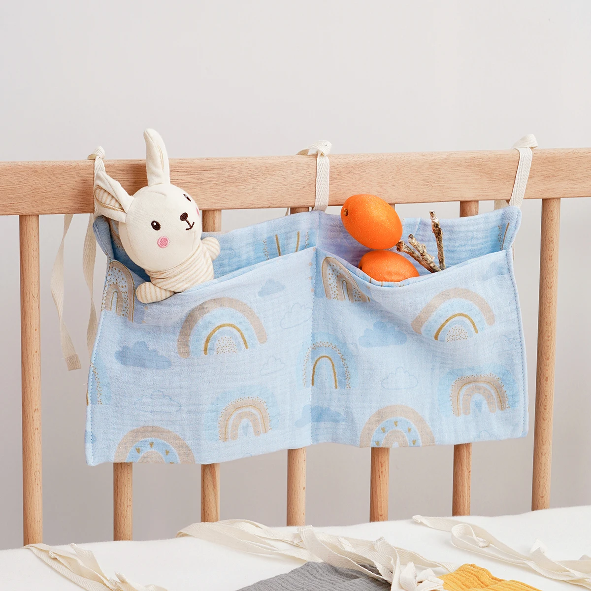 Elinfant 100% coton sac de rangement de chevet de bébé organisateur de berceau sac suspendu pour bouteilles, couches, jouets, sac suspendu de poussette