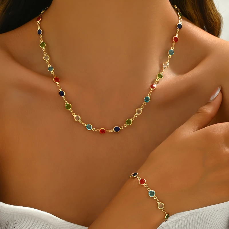 Europe and The United States Fashion Color Splicing Necklace Bracelet Ladies Personalized Jewelry Set Trend Accessories Gift