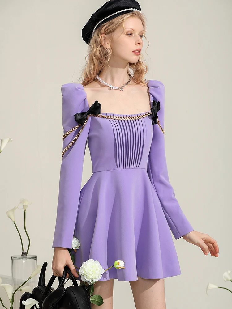 High-End Elegant Purple Dress for Women Dresses 2024 Spring and Summer Design Beautiful Girl Bow Chain Midi Dress Party Vestidos