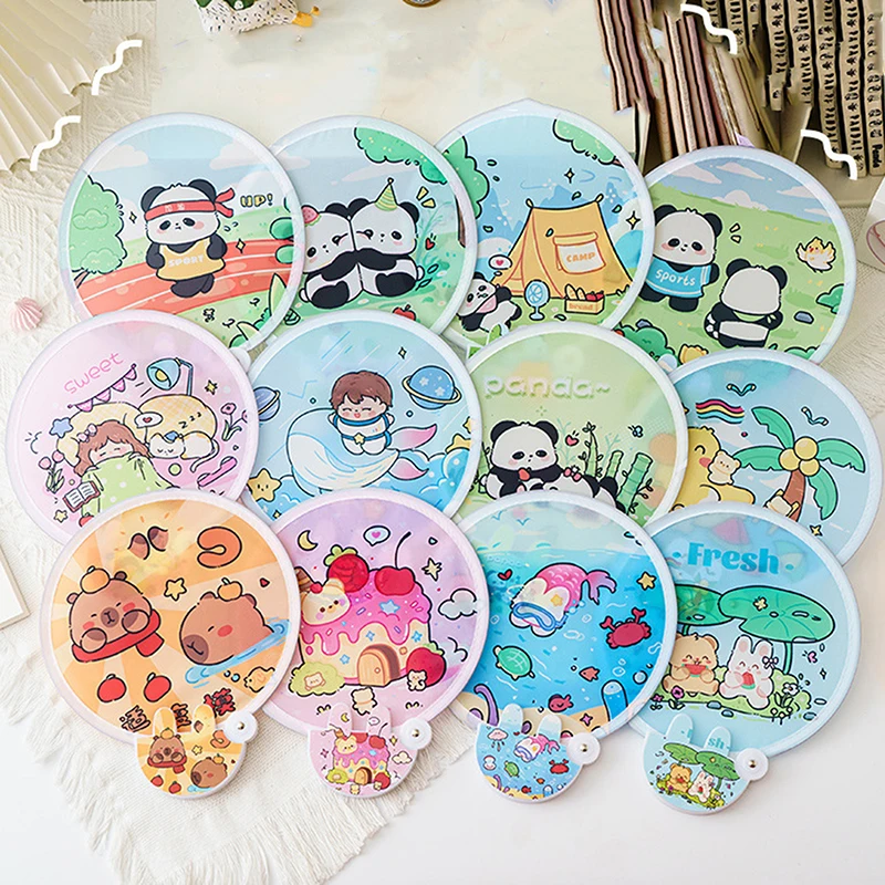 1PC Summer Cute Folding Group Fan Girl Heart Portable Folding Fan Student Outdoor Portable Cloth Face Mini Round Fan