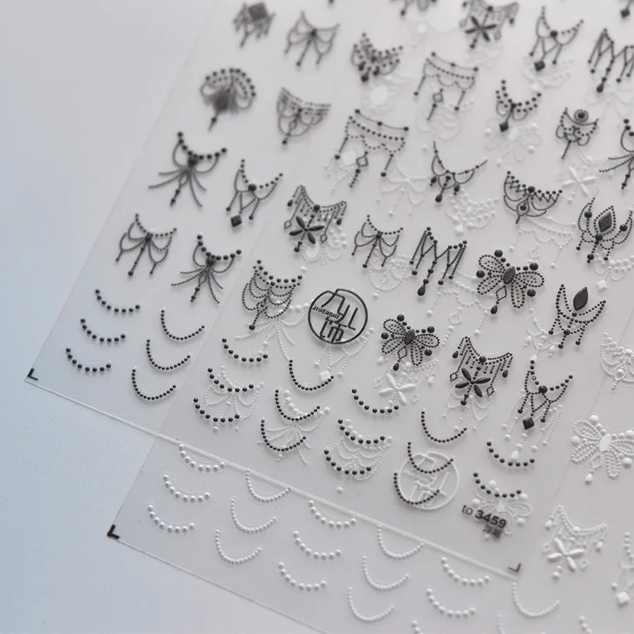 Tassel Headwear Dot Butterfly Line White Black Gold Silver 5D Relief Self Adhesive Nail Art Decoration Sticker 3D Manicure Decal