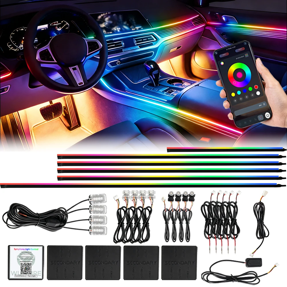 Led Car Ambient Lights 64 Color RGB Symphony Full Color Streamer Interior Hidden Acrylic Strip Atmosphere Lamp Kit 12V By APP
