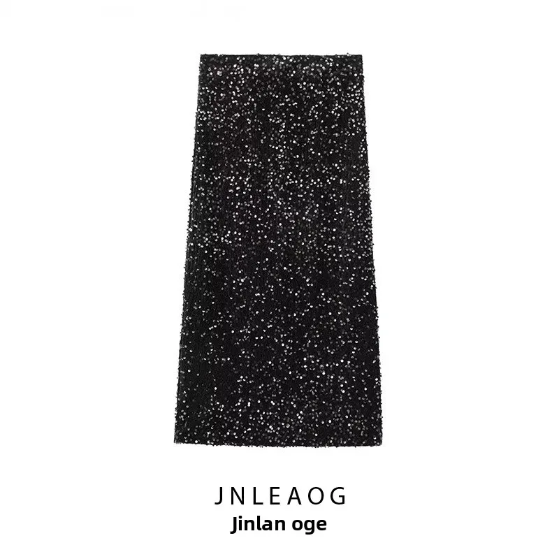 

Faionable Velvet Skirt with Ba Split And Sequins Versatile Autumn New Arrival Women's Design JNLEAOG French Sle Bu...