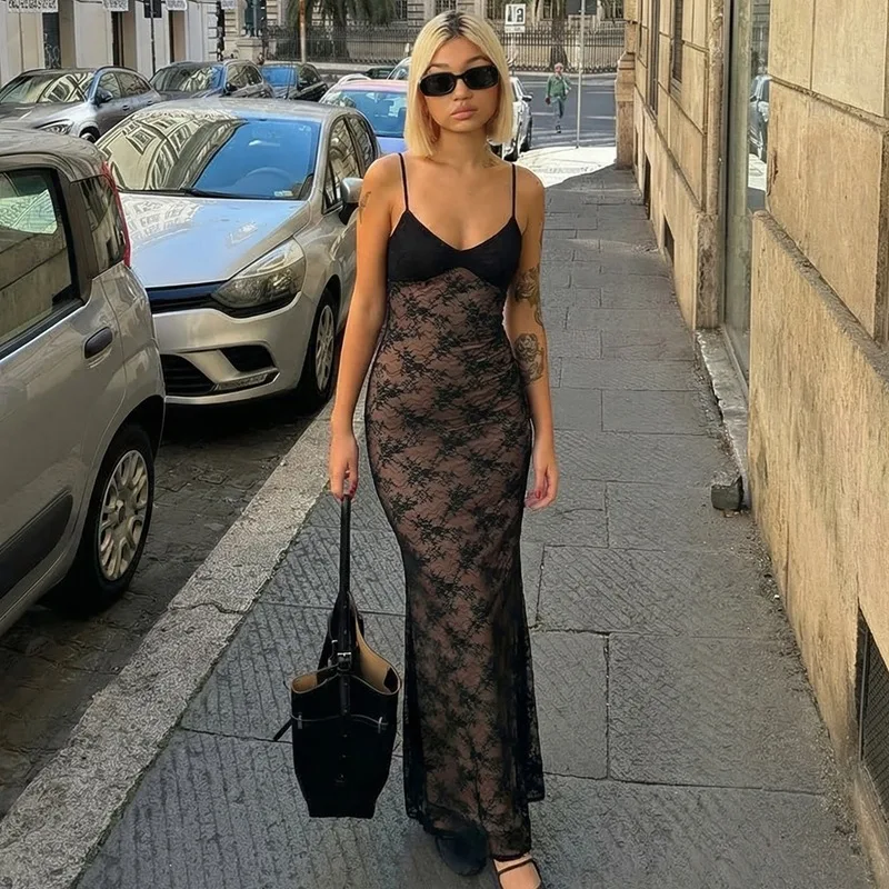 

TARUXY Sexy Lace Patchwork Dress Women New Fashionable V-Neck Backless Slim Solid Suspenders Maxi Dress Female Party Club Dress