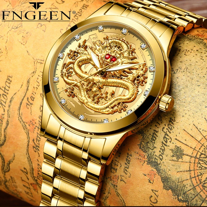 FNGEEN Top Luxury Fashion Ultra-Thin Men Watch Quartz Dragon Pattern Luminous Gold Color Stainless Steel Band Classics Men Watch