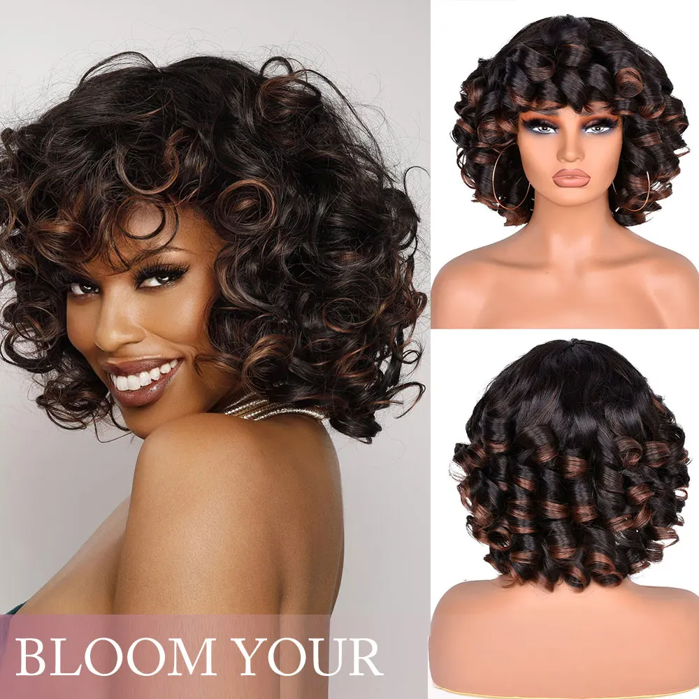 

Short Loose Curly Wigs for Black Women Soft Dark Brown Afro Wig with Bangs Synthetic Fluffy Natural Wigs for Cosplay and Daily