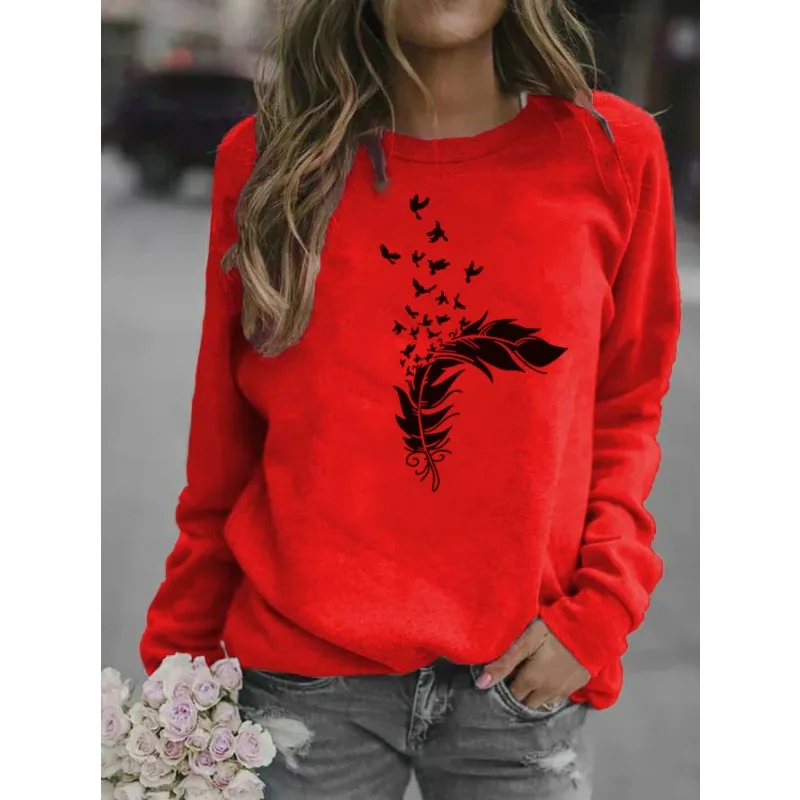 Women\'s Printed Feather Crew-neck Hoodie Streetwear Women  Aesthetic  Sweatshirts  Sweatshirt  Women Clothing