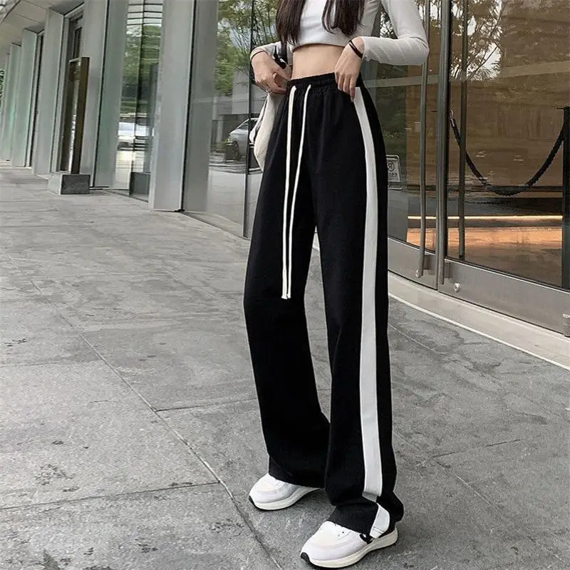 Imagem -06 - Tendência Coreana Cordão de Cintura Alta Sweatpants Femme Casual Primavera Outono Lado Listra Retalhos Bolsos Solto Perna Larga