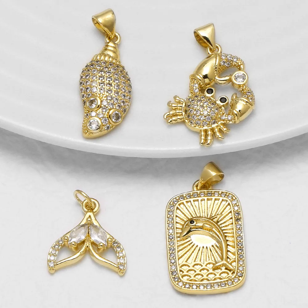 OCESRIO White Crystal Conch Crab Pendant for Necklace Copper Gold Plated Whale Tail Dolphin Jewelry Making Supplies pdta507