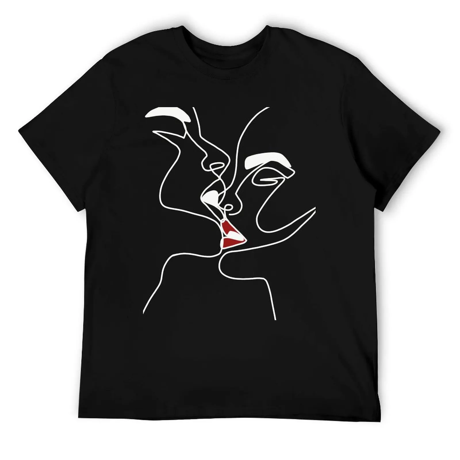 Minimal Line Art Couple Kissing Red Lips - White T-Shirt man t shirt summer t shirts with prints T-Shirt