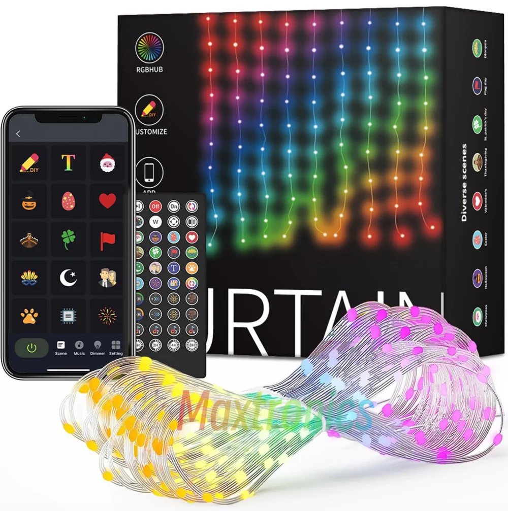 DIY Christmas Smart Curtain Lights 400LED USB Curtain String Lights App Remote Control Music Sync Holiday Party Curtain Strings