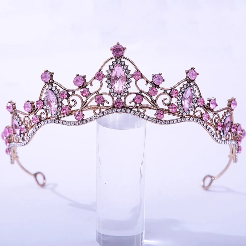 DIEZI Vintage Baroque Girls Pink Crystal Crown Tiara Hair Accessories For Women  Party Luxury Rhinestone Bridal Crown Jewelry