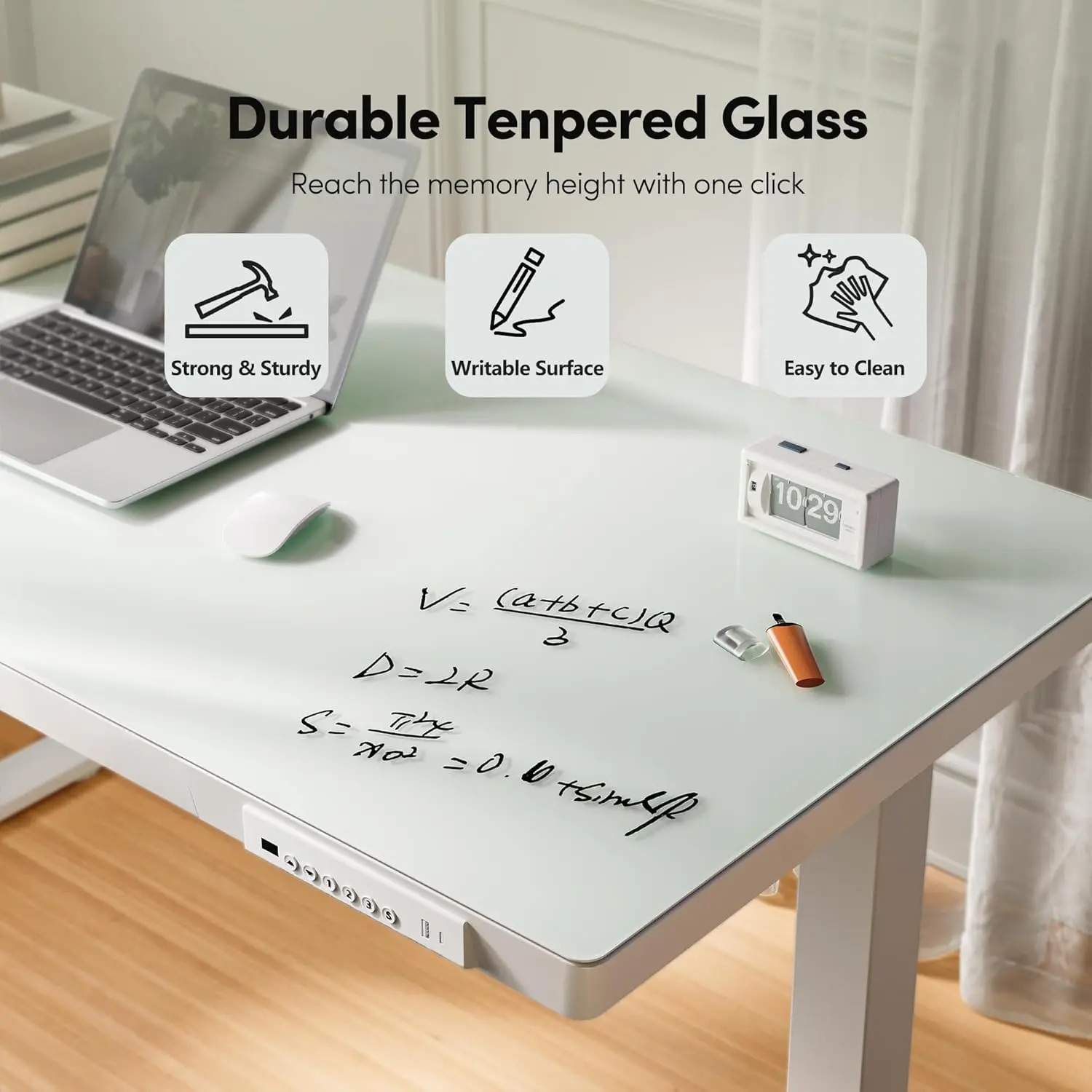 مكتب قائم كهربائي 48 × 24 مع أدراج، سطح زجاجي، تركيب سريع، أبيض