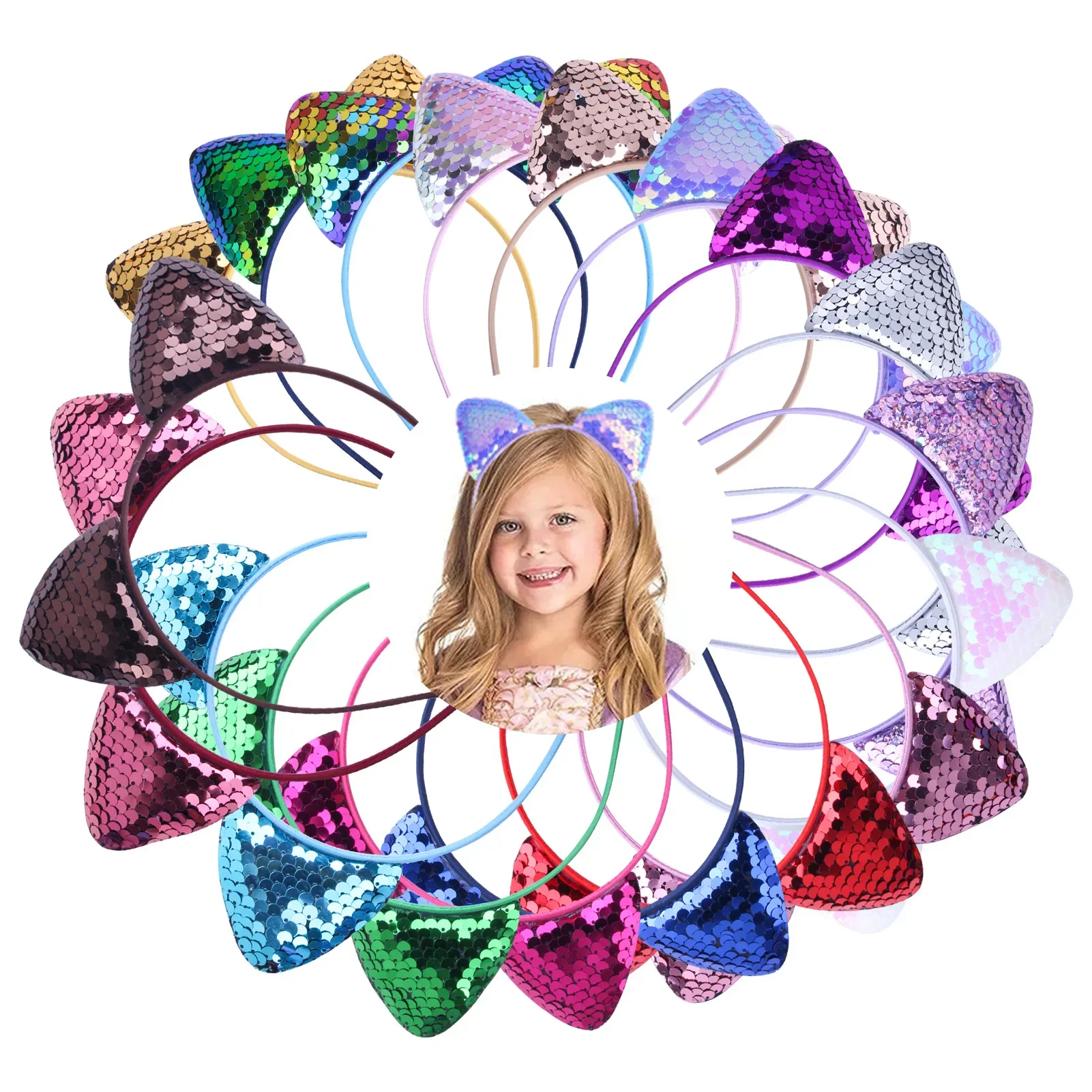 2023 New Fashion Children Cartoon Sweet Headband Hair Bands Hair Hoop Fish Scale Sequin Cat Ear Jewelry Headbands for Girls