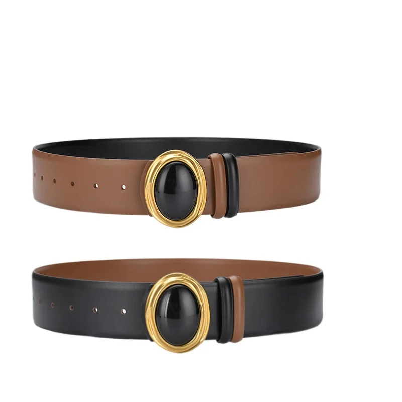 

New Double-sided Waist Seal Women's Simple Versatile Gem Inlaid Leather Belt Women Decoration with Skirt Wide Belt 4.8cm