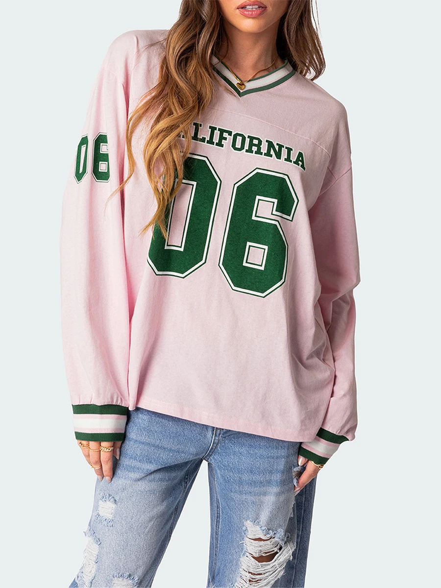 Women s Oversized Sweatshirt Number Letter Print Long Sleeve V-Neck Casual Pullover Tops