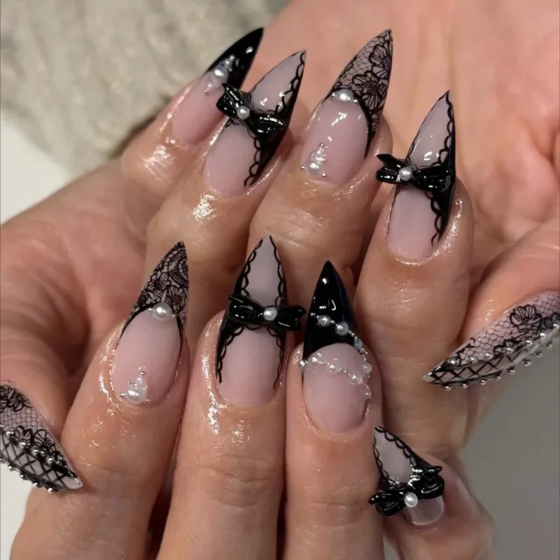 

24Pcs Long Stiletto Press on Nails Gothic Black Lace Bow Decor French Tip Reusable Acrylic False Nails with Pearl for Wedding
