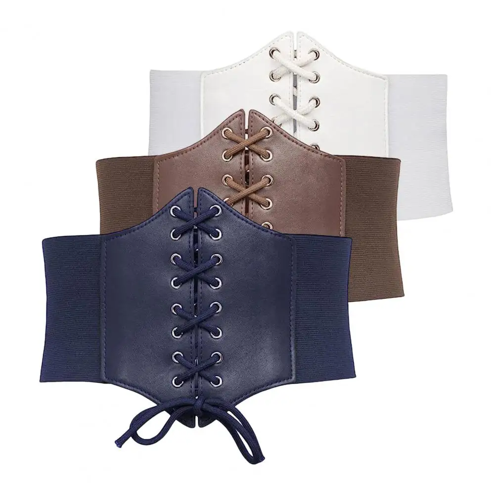 Women Corset Elastic Waistband Lace-up Wide Belt Solid Color Imitation Leather Outfits Dresses Tops Waist Cincher Пояс Корсета