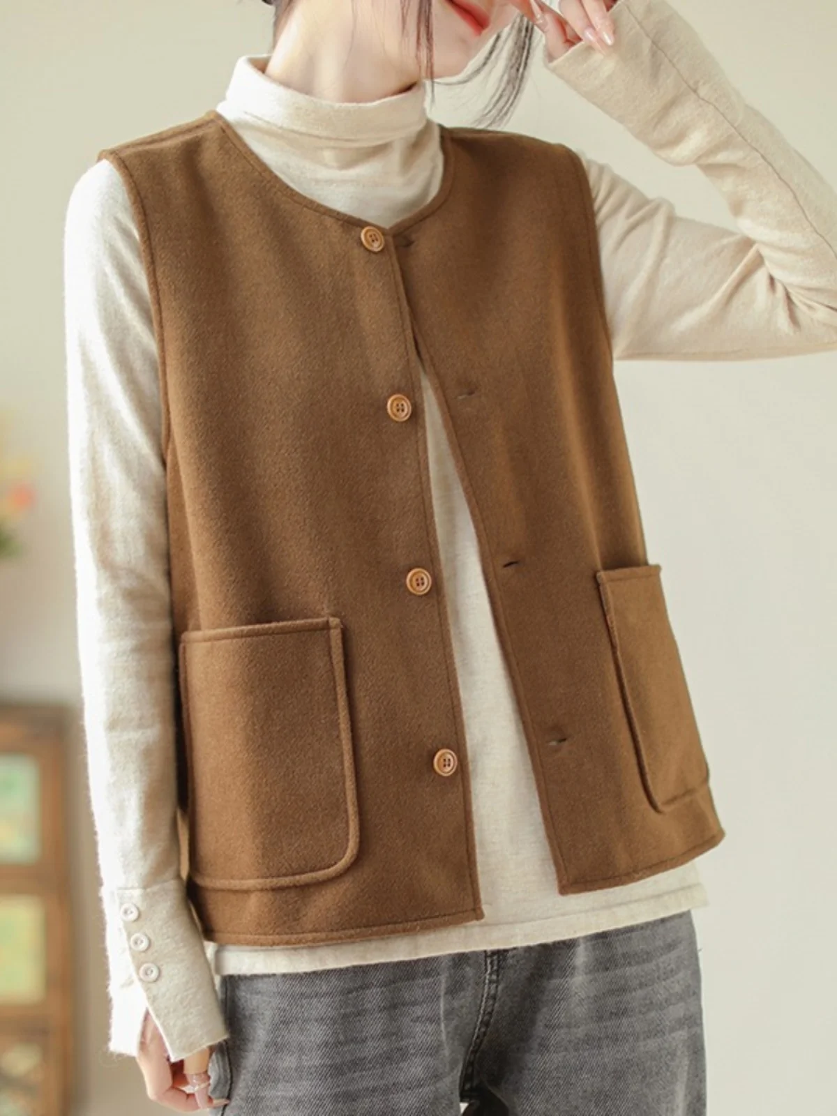 

Шерстяной жилет в стиле ретро, верхняя одежда, женский свободный жилет с запахом, топ, однотонный, круглый, с пуговицами, осень-зима