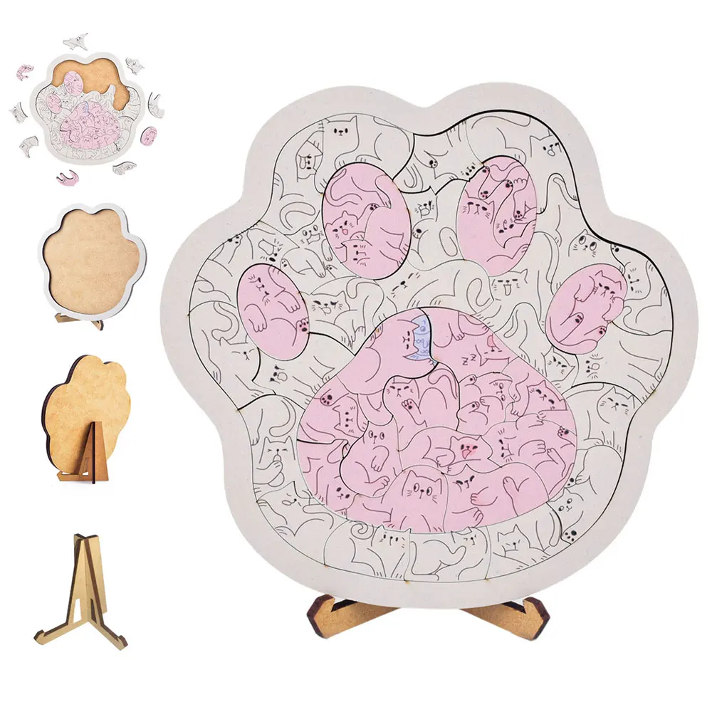3D Wooden Puzzle Fun Educational Toy for Kids Adults Creative Animal Jigsaw Model Kit Cute Cat Claw Pattern Gift UG390