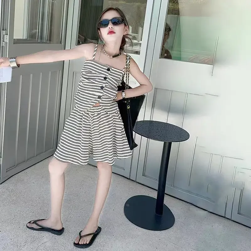 

Summer New Sleeveless Halter Top+Shorts 2Pcs Simple Girls Clothes 3-10 Yrs Kids Clothing Suits Fashion Striped Children's Set