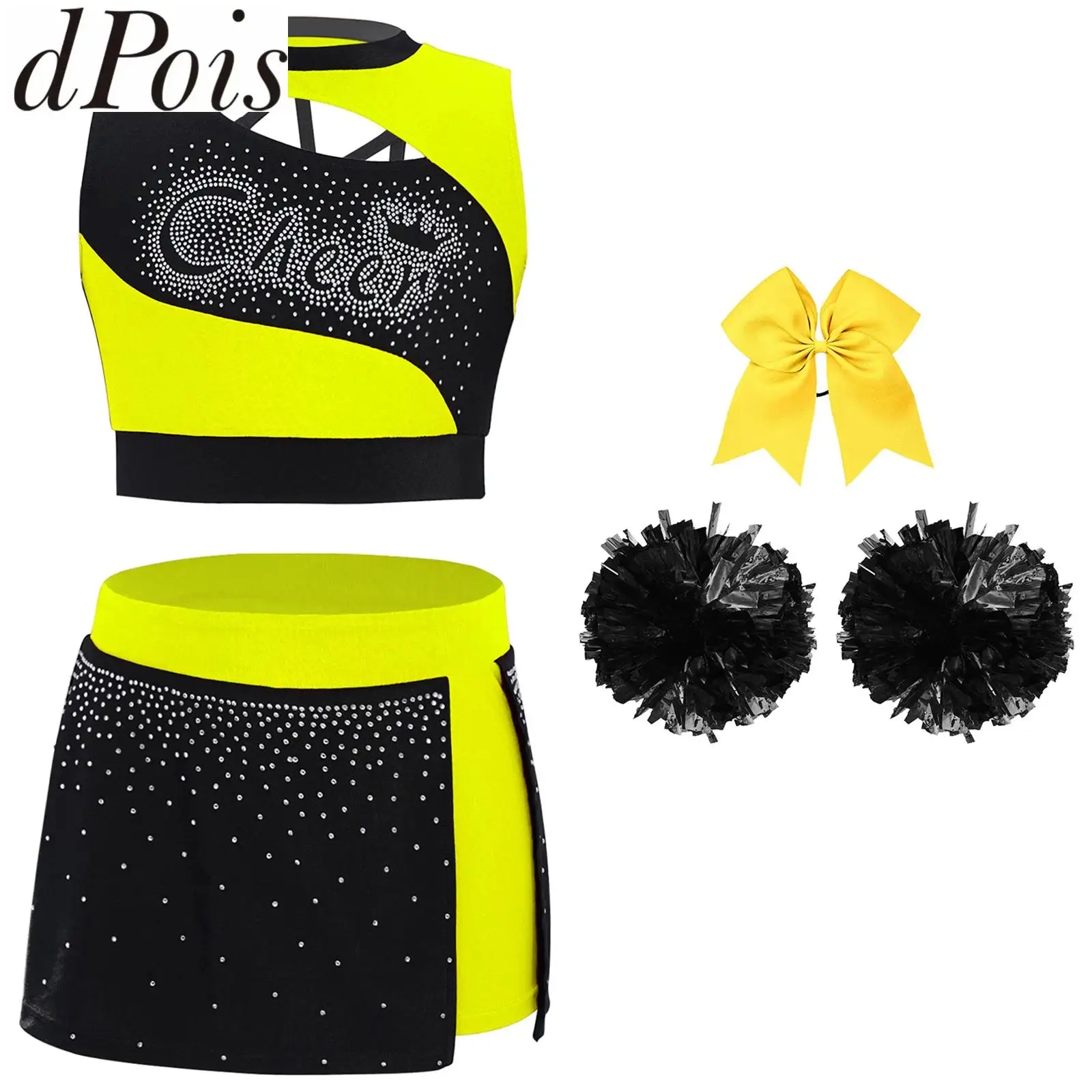 Kids Girls Cheer Dance Cheerleading Outfits Performance Costume Sleeveless Crop Top with Side Slit Skirt Headwear Flower Balls
