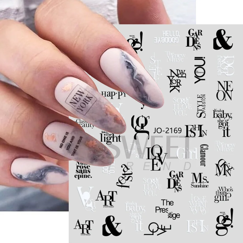 Black Letters ABC Word Sticker for Nails Art Decorations 3D Design Sliders Abstract Face Decals Foil Manicure Accessories SWJO