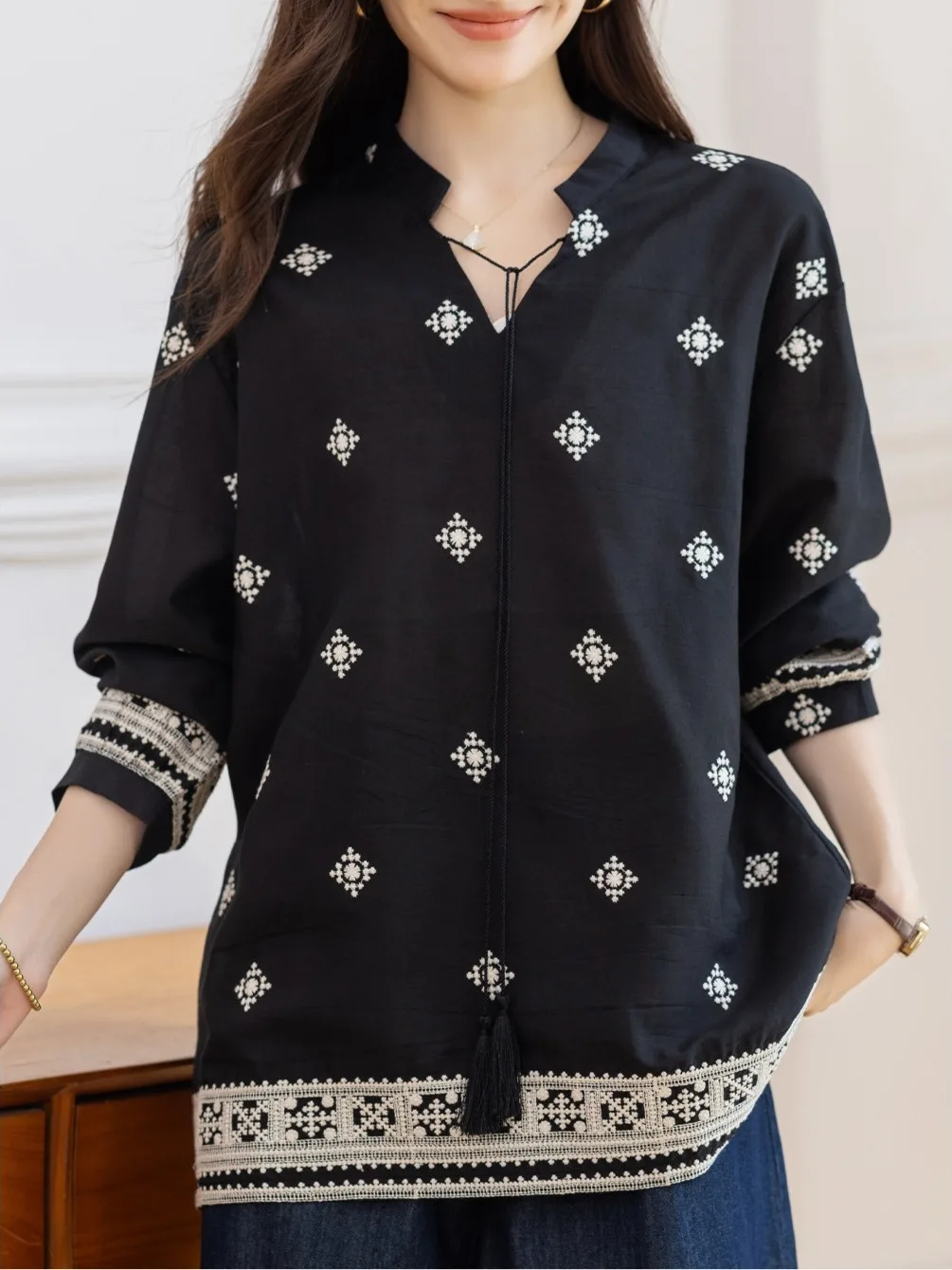 

V-Ne Long Sve вышитый irt винтажный повседневный свободный женский топ груша прямого кроя осеннее новое поступление