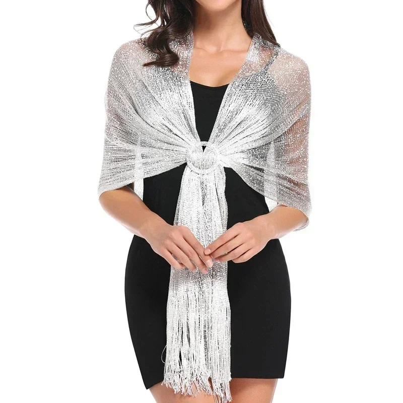 

Sparkling Metallic Scarf with Buckle Women's Evening Party Shawl Gold Silver Shiny Shawls for Bridal Bridesmaid Wedding Wraps