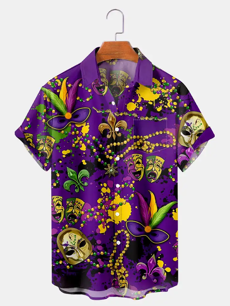 2025 Carnival themed novelty pattern men's fashion short sleeve lapel shirt, summer party dress, men's gift festival shirt