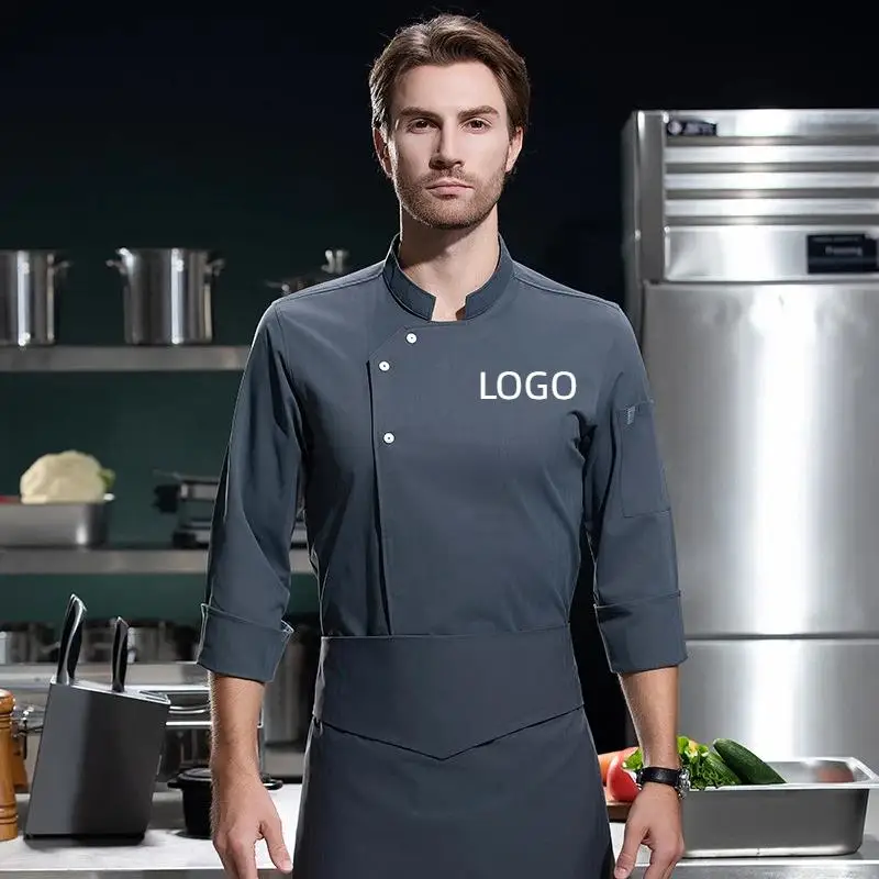 Elastic Cotton Chef Workwear Men Customized LOGO Restaurant Hotel Kitchen Long Sleeved Uniform Baking Cake Shop Erver Clothes