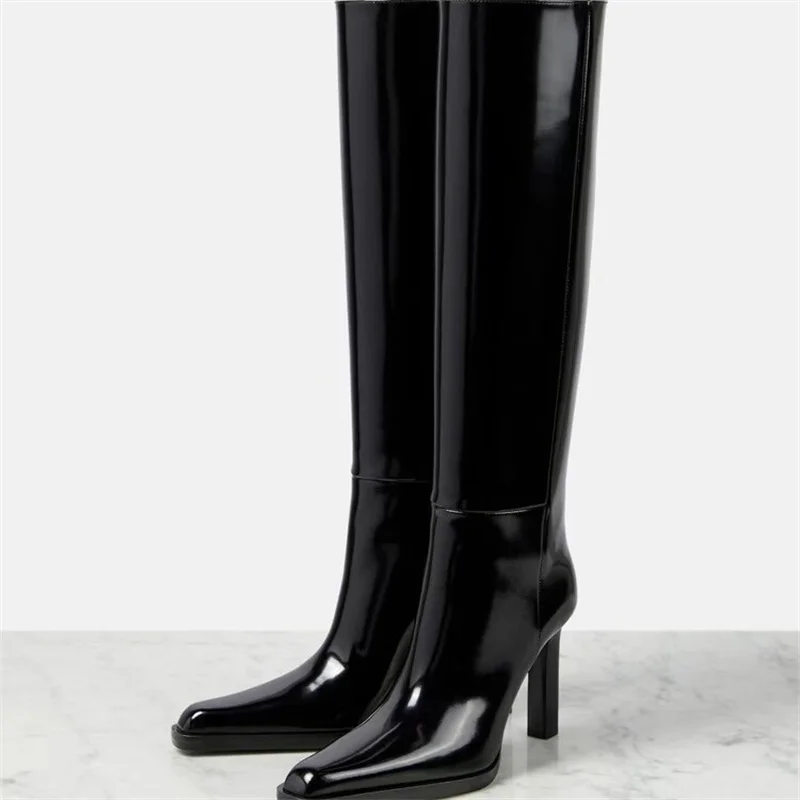 Patent Leather Pointed Toe Knee Boots Casual Heels Runway Zapatos Mujer Elegant Botas Large Size Old Money Fashion Office New