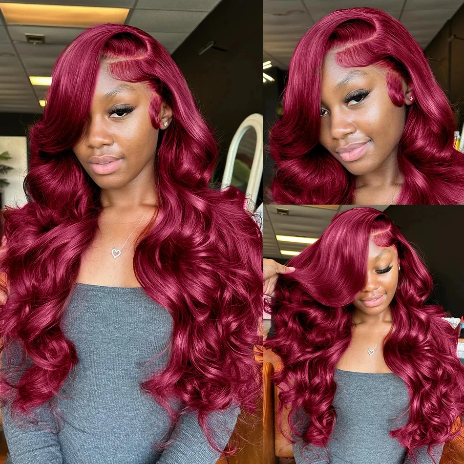 Perruque Lace Front Wig Body Wave Brésilienne Naturelle, Cheveux Humains, Transparent HD, Bordeaux 99J, 13x6, 30 Pouces, pour Femme Africaine