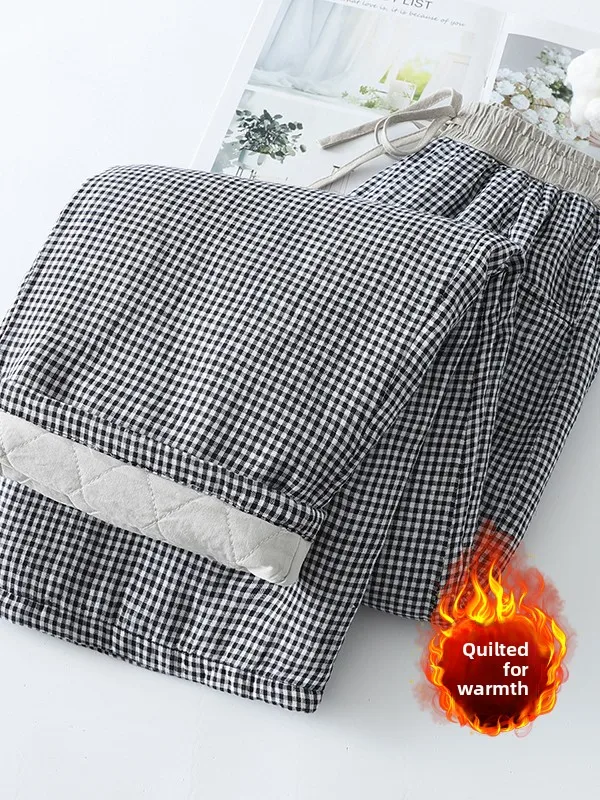 

Casual Plaid Dstring Cotton Warm Pants Large Size Women's Contrast Color Elastic Waist Loose Fit Wide Leg Pants