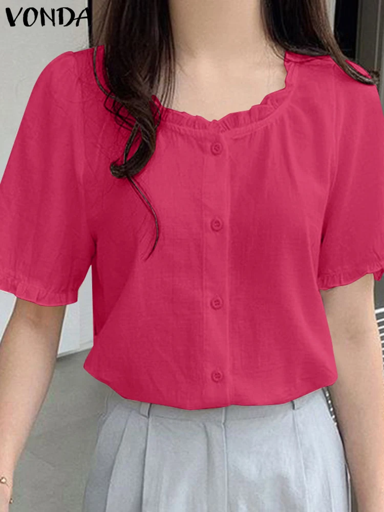 VONDA Elegant Summer Ruffled Blouse 2024 Women Solid Color Fashion Shirts Casual Loose Short Sleeve Tops Party Blusas Femininas