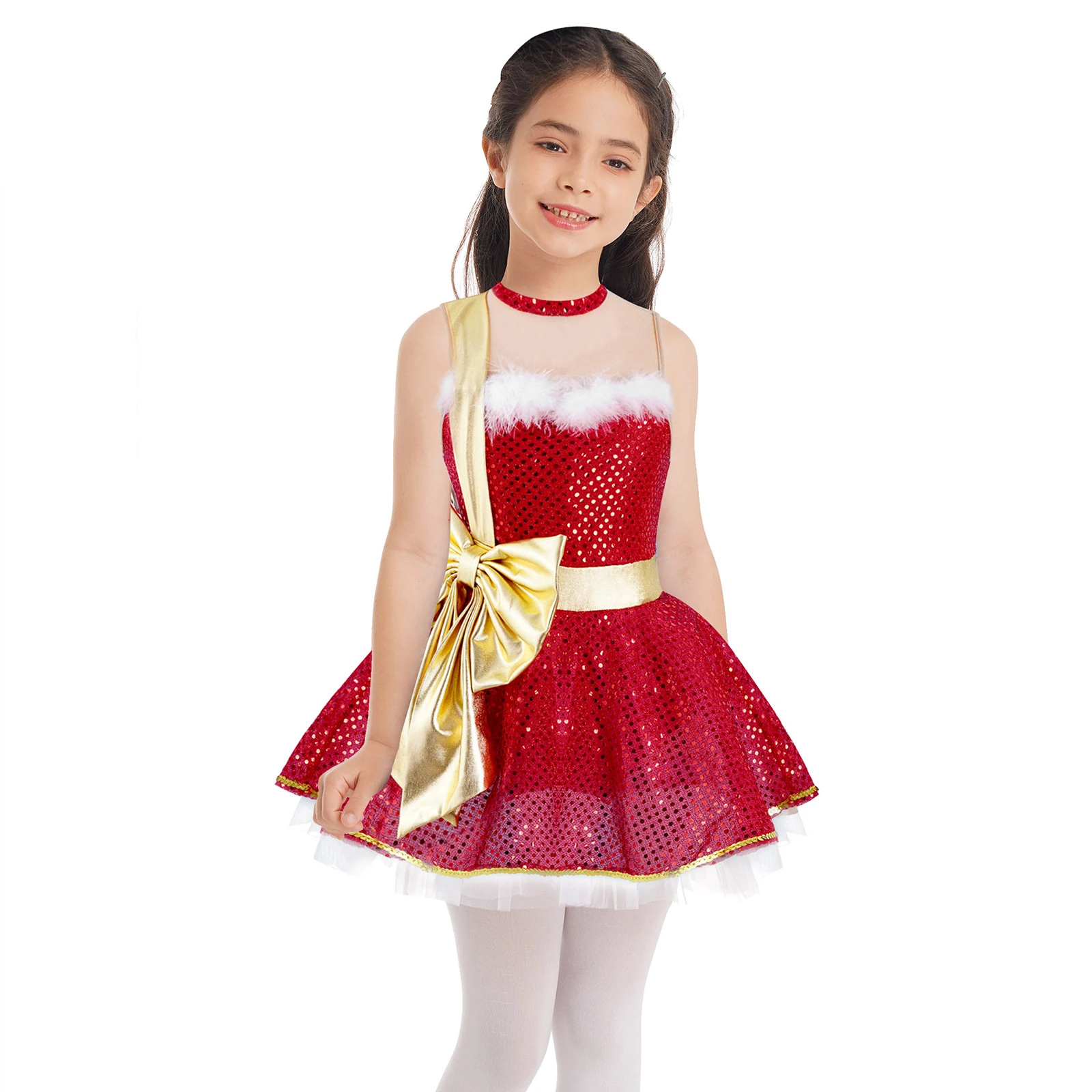 Girls Christmas Dress Ballet Lyrical Dance Costume Sequins Sleeveless Bowknot Modern Dance Leotard Dress Performance Dancewear