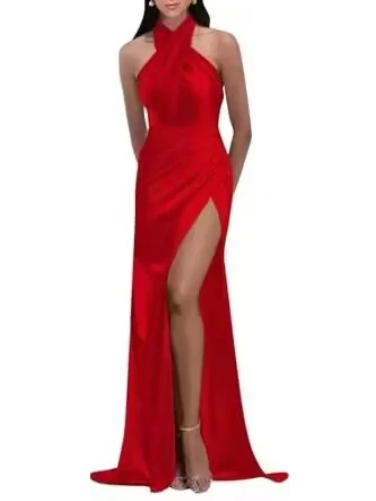 

Fashion Cross Halter Shoulder Strapless Prom Robe Solid Simple Slim Fit Temperament Performance Vestidos Popular High Split Gown