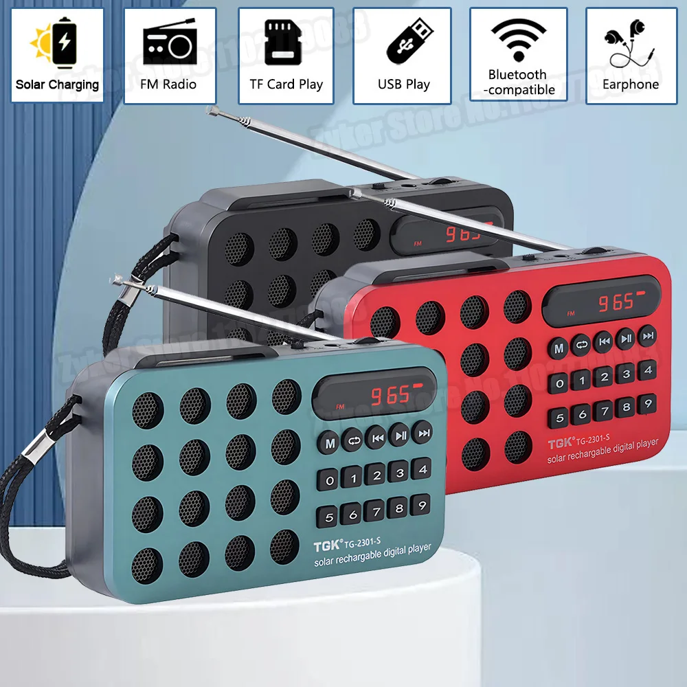 

Portable Car FM Radio Solar Rechargeable Radio Bluetooth Speaker Radio Support USB TF Card MP3 Music Player Telescopic Antenna