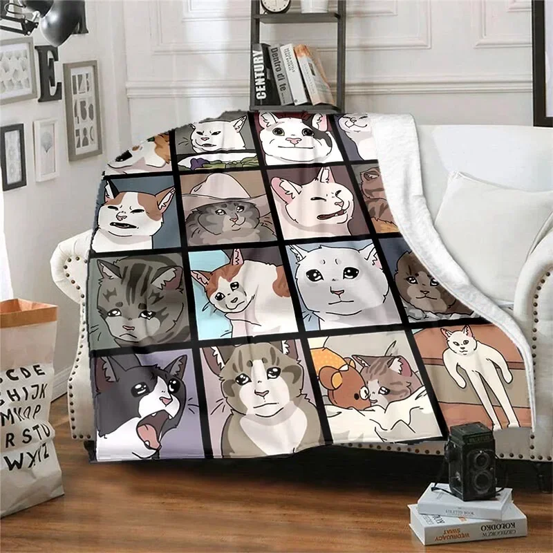 Meme Cat Blankets Flannel Spring/Autumn Cute Funny Multi-function Super Soft Throw Blankets for Bed Travel Bedspread