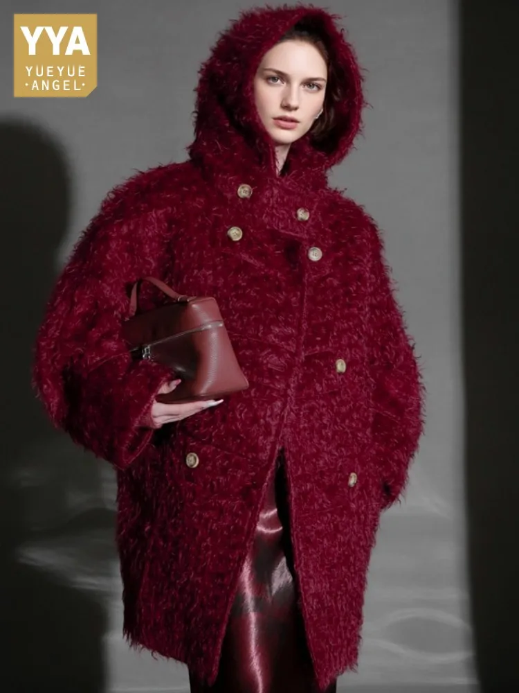 Luxury Women Mid-Length Loose Double-side Wool Coats Double Breasted Wool Cashmere Coat Winter Warm Office Lady Hooded Outerwear