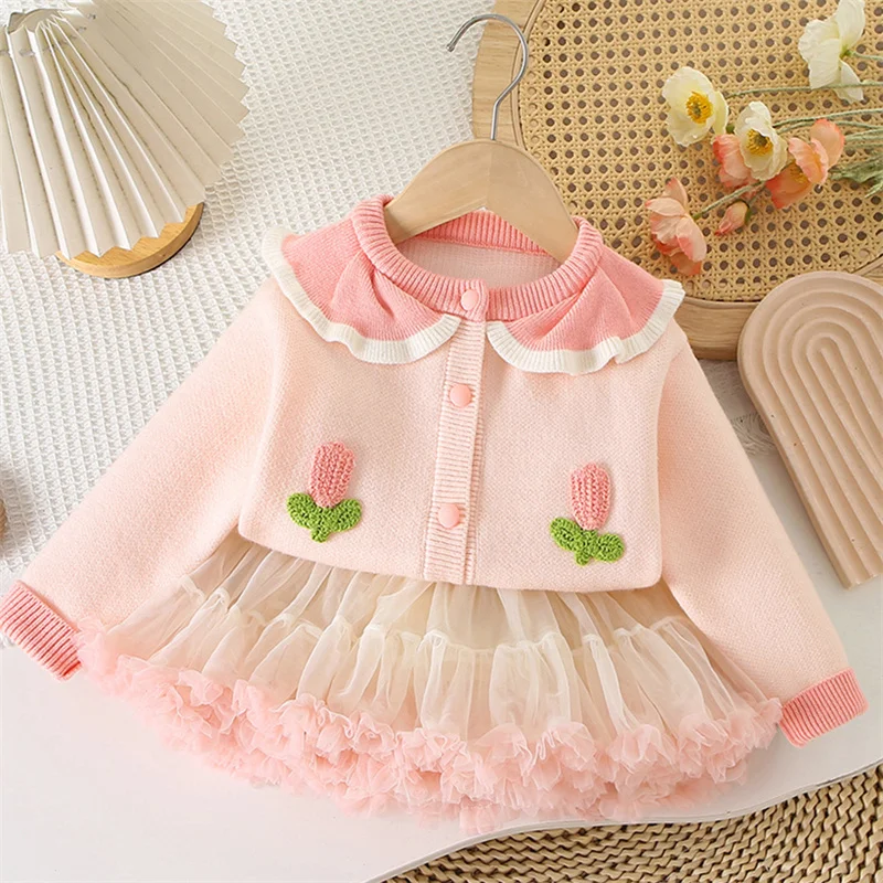 Children's Clothing Winter Girl Tulip Knitted Sweater+Tutu Skirt Sets Kids Girl Cardigan Outerwear Flower Girl Sweet Clothes