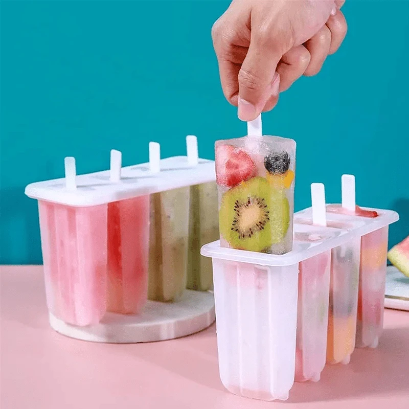 Popsicle Molds with Lids Plastic Homemade Ice Pop Maker Tray DIY Frozen Treat Kit for Summer Snack Ice Cream Maker 4-Cavity